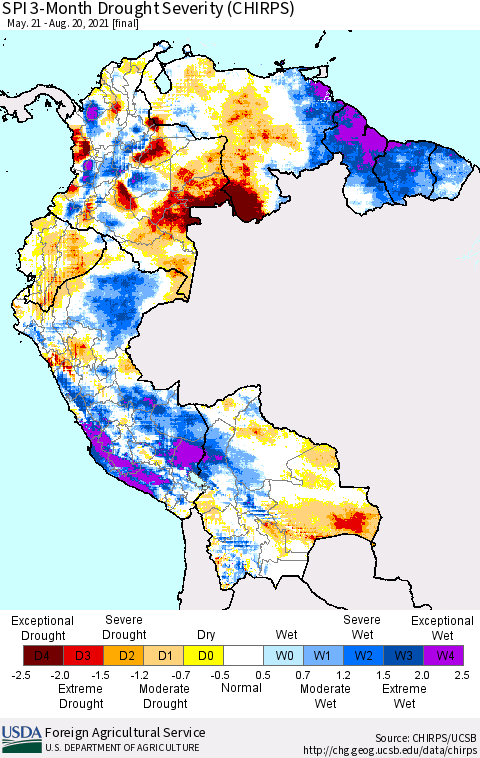 Northern South America SPI 3-Month Drought Severity (CHIRPS) Thematic Map For 5/21/2021 - 8/20/2021