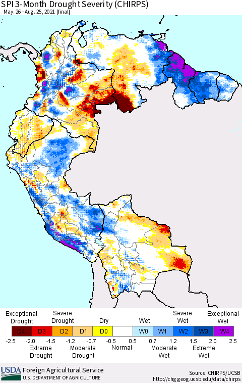 Northern South America SPI 3-Month Drought Severity (CHIRPS) Thematic Map For 5/26/2021 - 8/25/2021