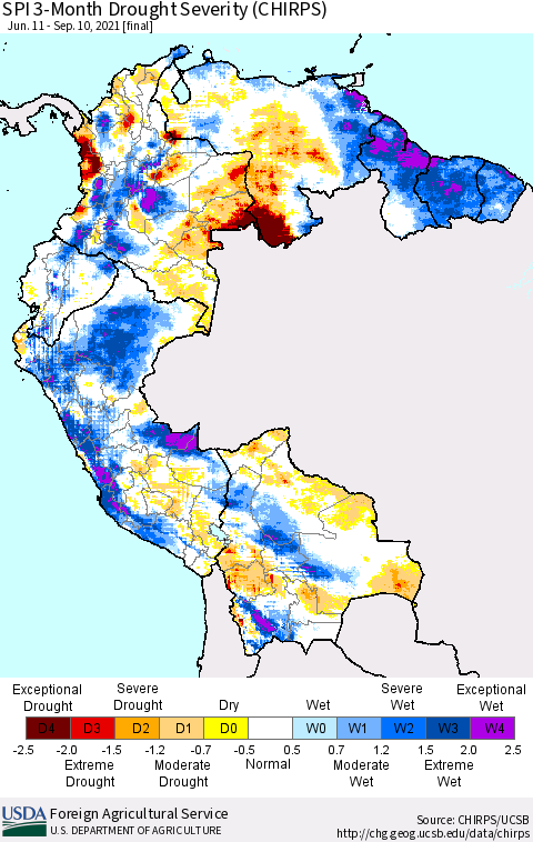 Northern South America SPI 3-Month Drought Severity (CHIRPS) Thematic Map For 6/11/2021 - 9/10/2021