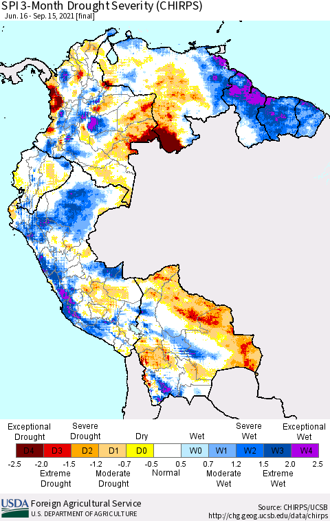 Northern South America SPI 3-Month Drought Severity (CHIRPS) Thematic Map For 6/16/2021 - 9/15/2021