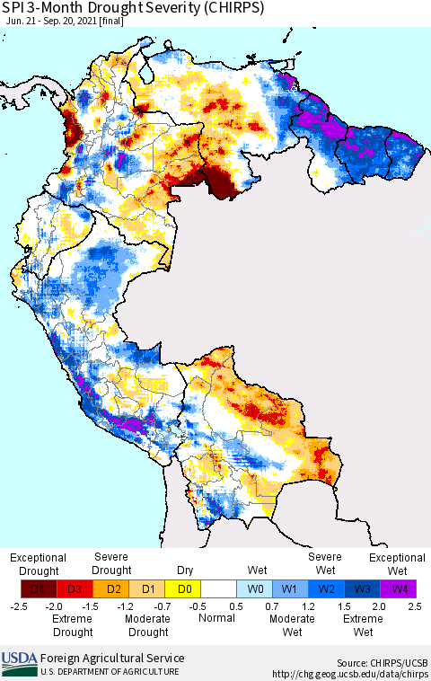Northern South America SPI 3-Month Drought Severity (CHIRPS) Thematic Map For 6/21/2021 - 9/20/2021