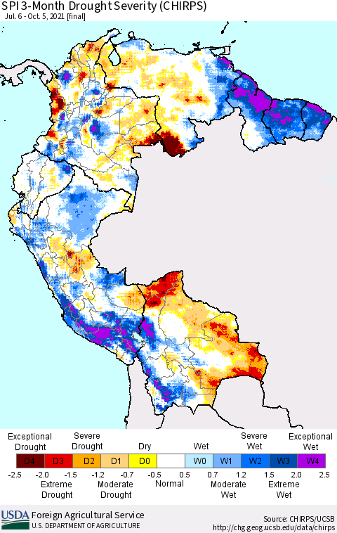 Northern South America SPI 3-Month Drought Severity (CHIRPS) Thematic Map For 7/6/2021 - 10/5/2021