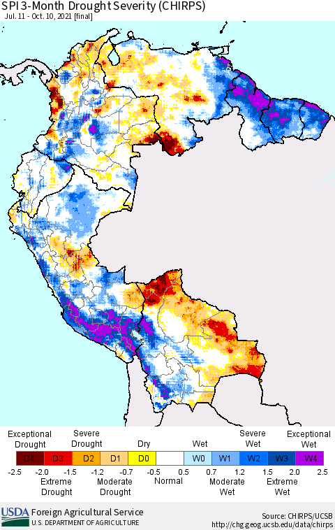 Northern South America SPI 3-Month Drought Severity (CHIRPS) Thematic Map For 7/11/2021 - 10/10/2021