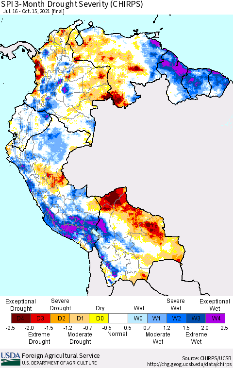 Northern South America SPI 3-Month Drought Severity (CHIRPS) Thematic Map For 7/16/2021 - 10/15/2021