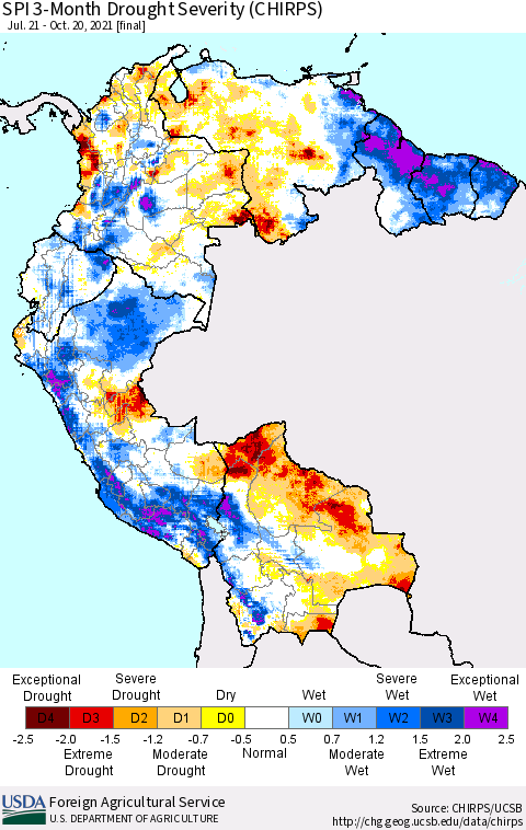 Northern South America SPI 3-Month Drought Severity (CHIRPS) Thematic Map For 7/21/2021 - 10/20/2021