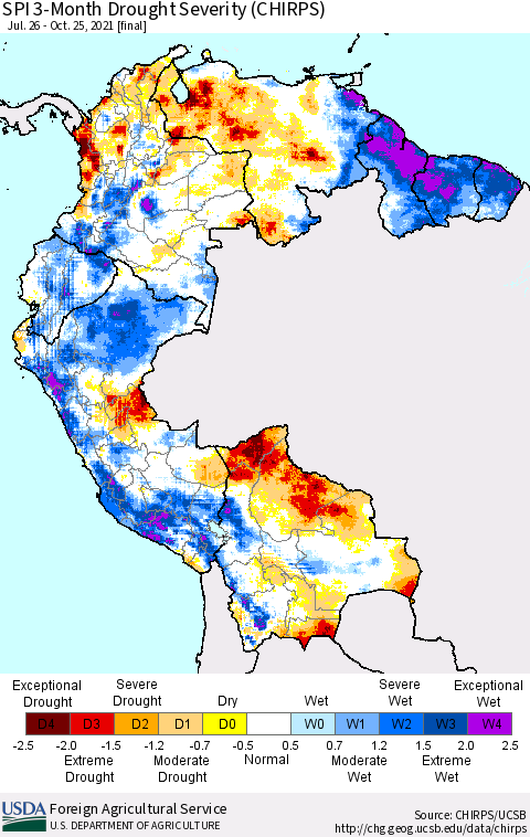 Northern South America SPI 3-Month Drought Severity (CHIRPS) Thematic Map For 7/26/2021 - 10/25/2021
