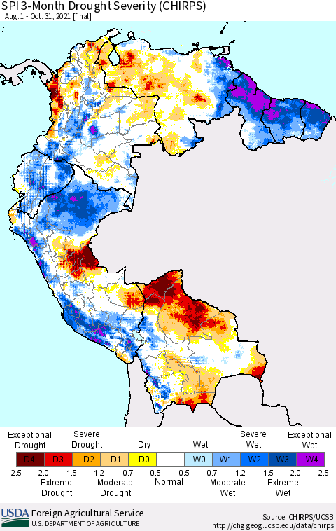 Northern South America SPI 3-Month Drought Severity (CHIRPS) Thematic Map For 8/1/2021 - 10/31/2021