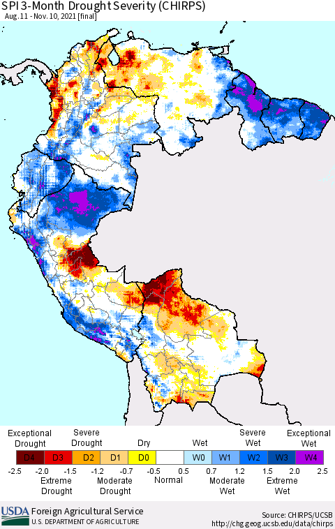 Northern South America SPI 3-Month Drought Severity (CHIRPS) Thematic Map For 8/11/2021 - 11/10/2021