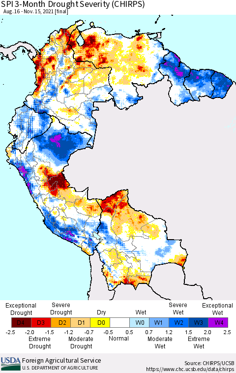 Northern South America SPI 3-Month Drought Severity (CHIRPS) Thematic Map For 8/16/2021 - 11/15/2021