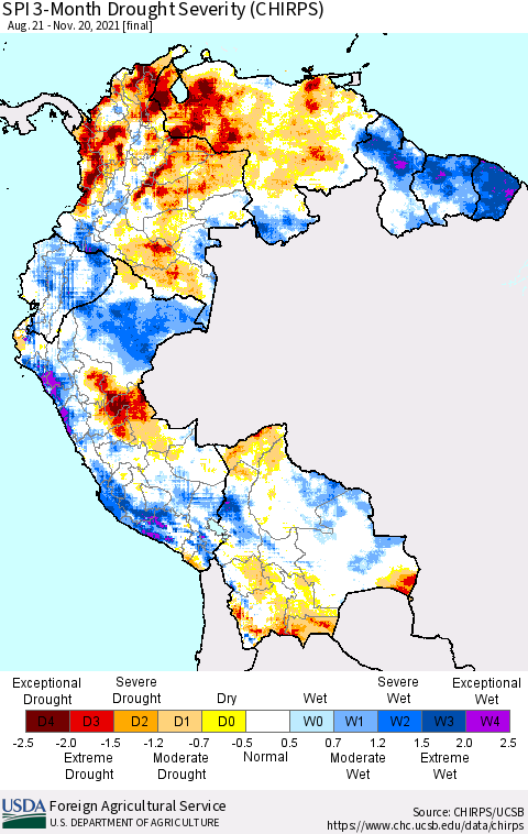 Northern South America SPI 3-Month Drought Severity (CHIRPS) Thematic Map For 8/21/2021 - 11/20/2021