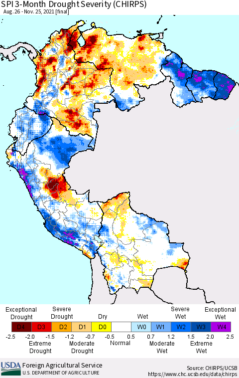 Northern South America SPI 3-Month Drought Severity (CHIRPS) Thematic Map For 8/26/2021 - 11/25/2021