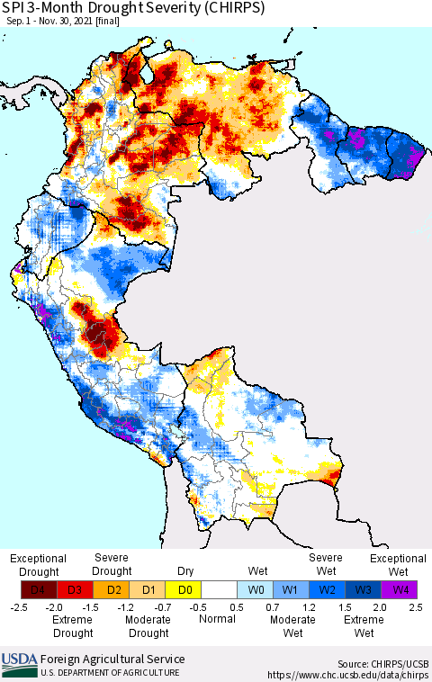 Northern South America SPI 3-Month Drought Severity (CHIRPS) Thematic Map For 9/1/2021 - 11/30/2021