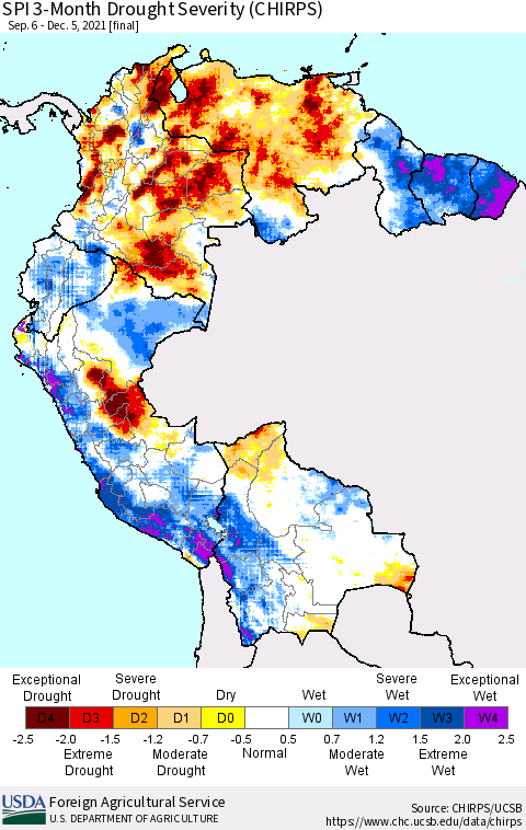Northern South America SPI 3-Month Drought Severity (CHIRPS) Thematic Map For 9/6/2021 - 12/5/2021