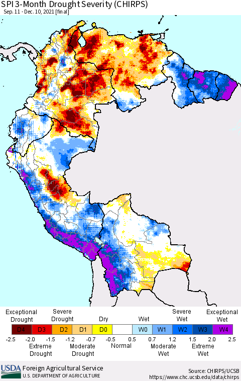 Northern South America SPI 3-Month Drought Severity (CHIRPS) Thematic Map For 9/11/2021 - 12/10/2021