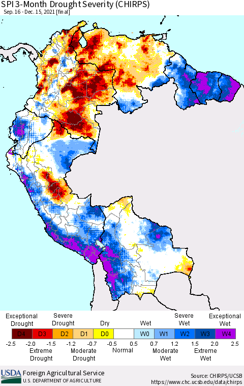 Northern South America SPI 3-Month Drought Severity (CHIRPS) Thematic Map For 9/16/2021 - 12/15/2021