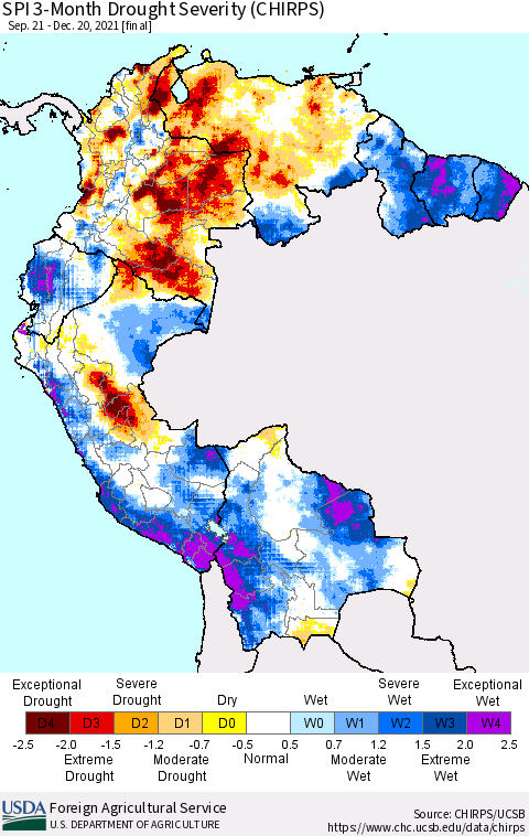 Northern South America SPI 3-Month Drought Severity (CHIRPS) Thematic Map For 9/21/2021 - 12/20/2021