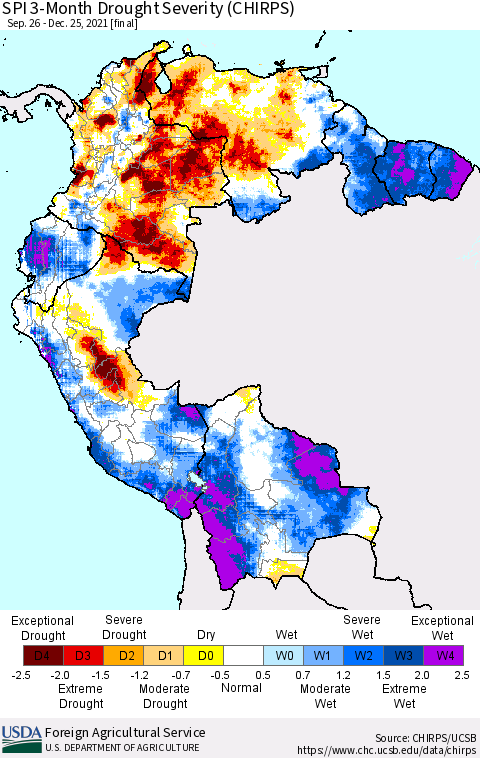Northern South America SPI 3-Month Drought Severity (CHIRPS) Thematic Map For 9/26/2021 - 12/25/2021