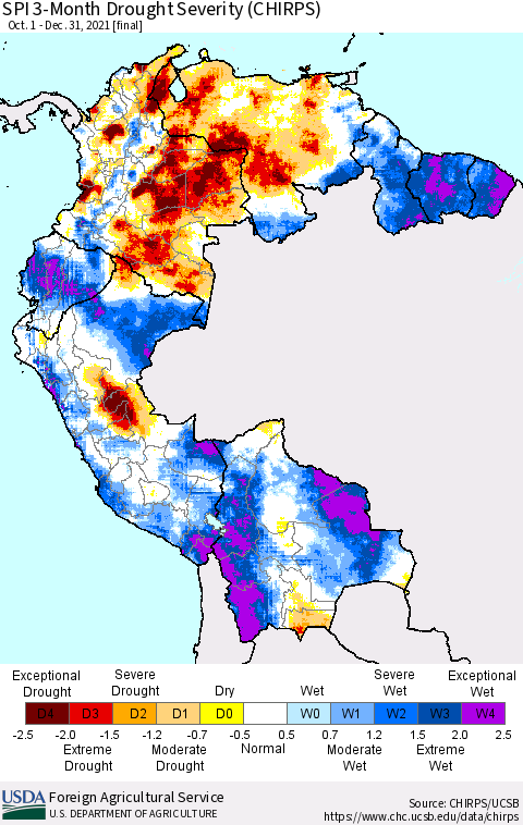 Northern South America SPI 3-Month Drought Severity (CHIRPS) Thematic Map For 10/1/2021 - 12/31/2021