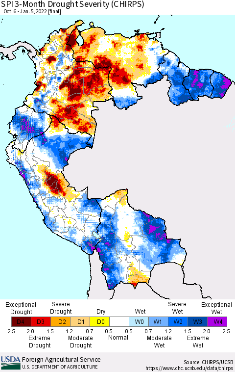 Northern South America SPI 3-Month Drought Severity (CHIRPS) Thematic Map For 10/6/2021 - 1/5/2022