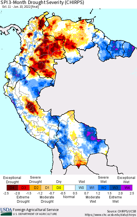 Northern South America SPI 3-Month Drought Severity (CHIRPS) Thematic Map For 10/11/2021 - 1/10/2022