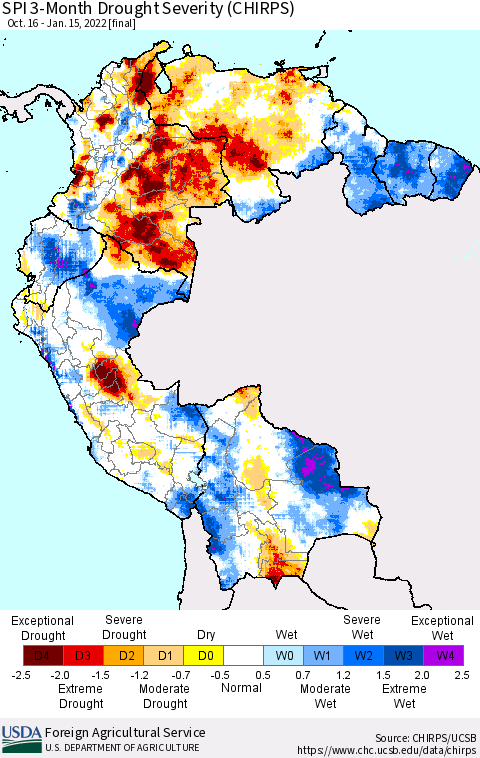 Northern South America SPI 3-Month Drought Severity (CHIRPS) Thematic Map For 10/16/2021 - 1/15/2022