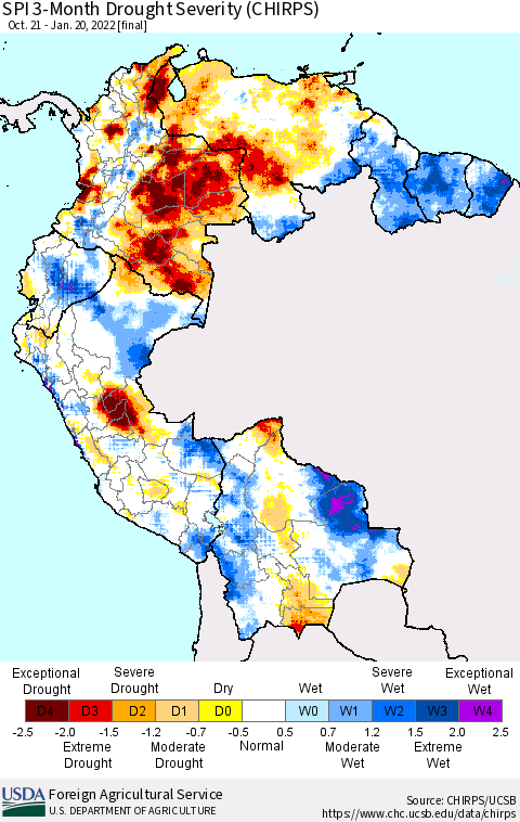 Northern South America SPI 3-Month Drought Severity (CHIRPS) Thematic Map For 10/21/2021 - 1/20/2022