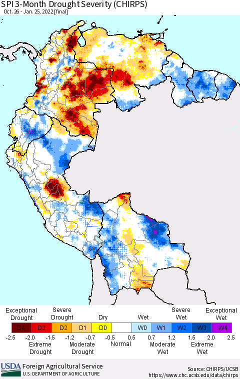 Northern South America SPI 3-Month Drought Severity (CHIRPS) Thematic Map For 10/26/2021 - 1/25/2022