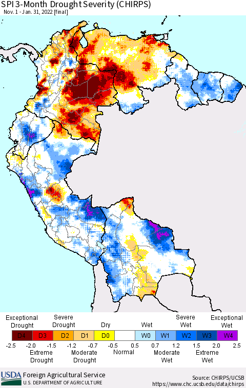 Northern South America SPI 3-Month Drought Severity (CHIRPS) Thematic Map For 11/1/2021 - 1/31/2022