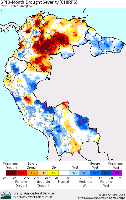 Northern South America SPI 3-Month Drought Severity (CHIRPS) Thematic Map For 11/6/2021 - 2/5/2022