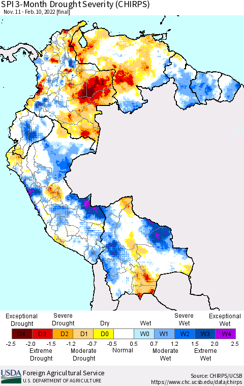 Northern South America SPI 3-Month Drought Severity (CHIRPS) Thematic Map For 11/11/2021 - 2/10/2022