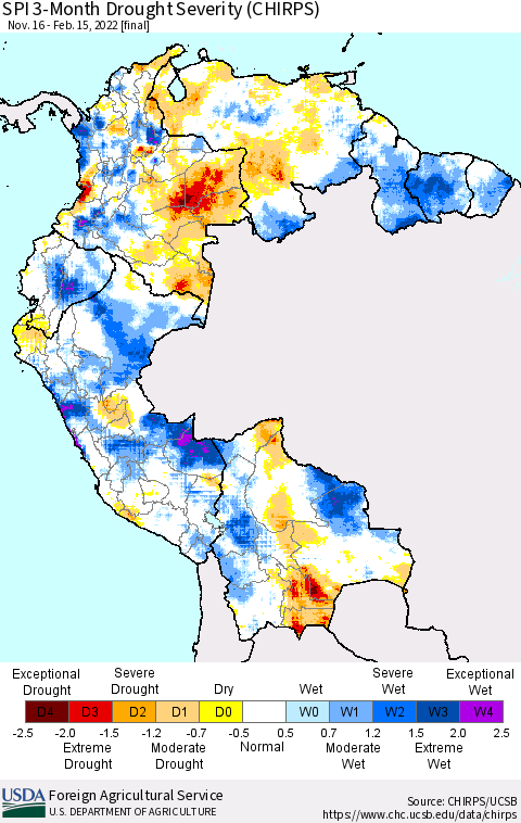 Northern South America SPI 3-Month Drought Severity (CHIRPS) Thematic Map For 11/16/2021 - 2/15/2022
