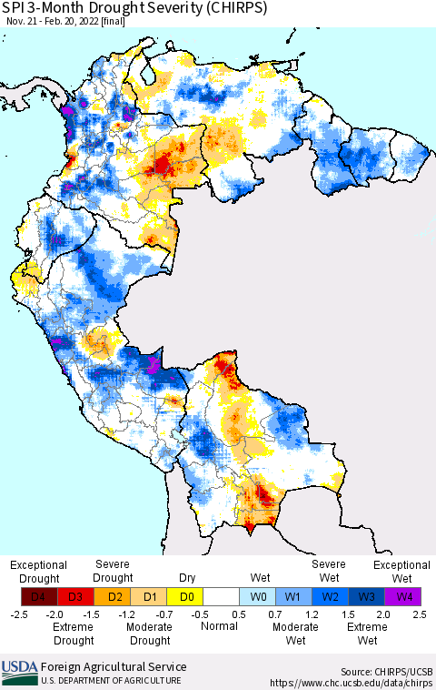 Northern South America SPI 3-Month Drought Severity (CHIRPS) Thematic Map For 11/21/2021 - 2/20/2022