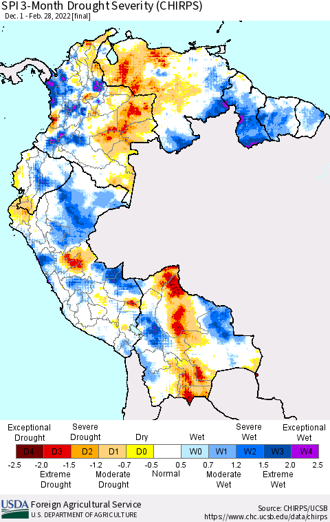 Northern South America SPI 3-Month Drought Severity (CHIRPS) Thematic Map For 12/1/2021 - 2/28/2022