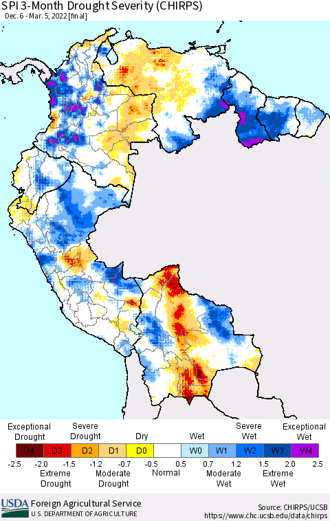 Northern South America SPI 3-Month Drought Severity (CHIRPS) Thematic Map For 12/6/2021 - 3/5/2022