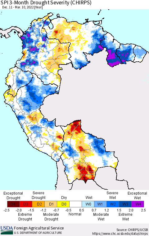 Northern South America SPI 3-Month Drought Severity (CHIRPS) Thematic Map For 12/11/2021 - 3/10/2022