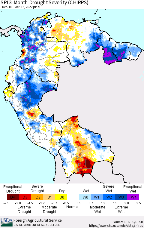 Northern South America SPI 3-Month Drought Severity (CHIRPS) Thematic Map For 12/16/2021 - 3/15/2022