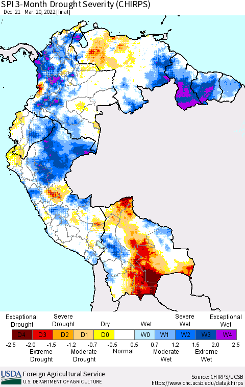 Northern South America SPI 3-Month Drought Severity (CHIRPS) Thematic Map For 12/21/2021 - 3/20/2022
