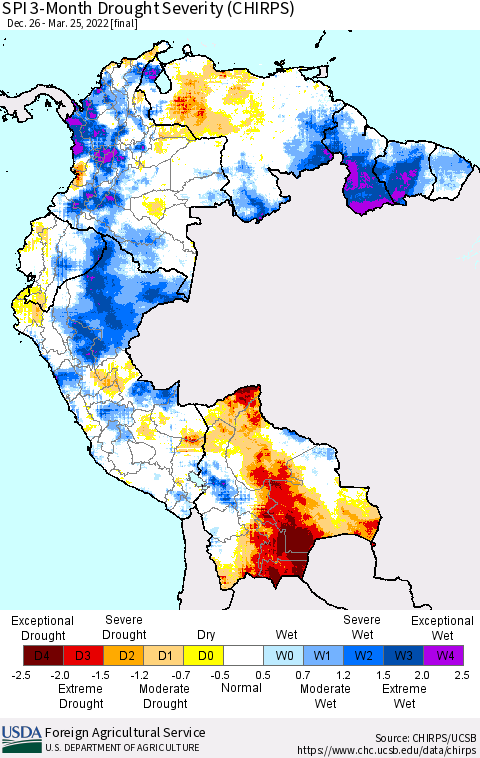 Northern South America SPI 3-Month Drought Severity (CHIRPS) Thematic Map For 12/26/2021 - 3/25/2022