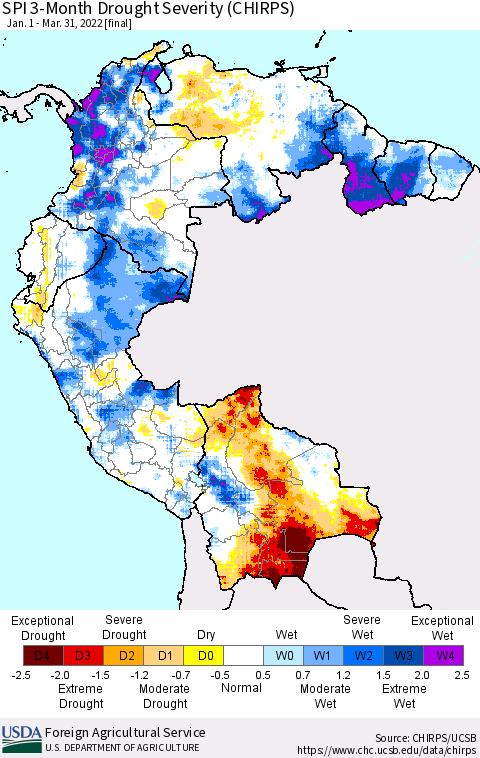 Northern South America SPI 3-Month Drought Severity (CHIRPS) Thematic Map For 1/1/2022 - 3/31/2022