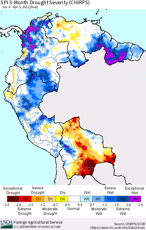 Northern South America SPI 3-Month Drought Severity (CHIRPS) Thematic Map For 1/6/2022 - 4/5/2022