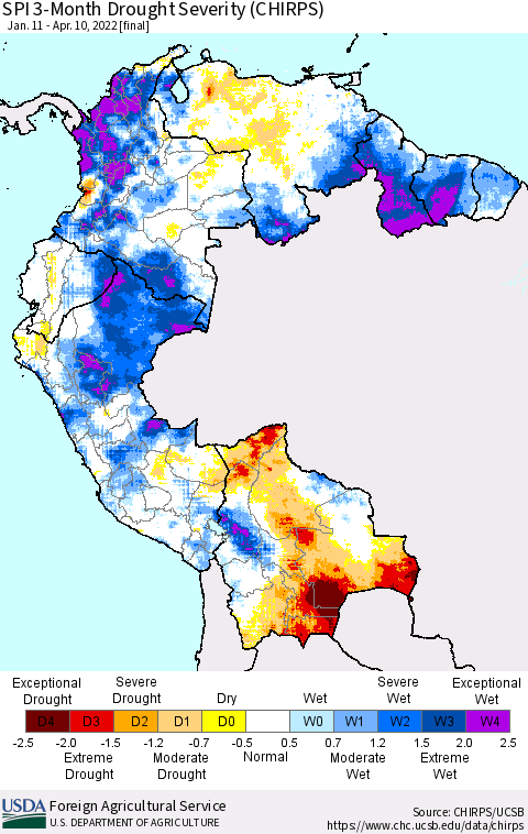 Northern South America SPI 3-Month Drought Severity (CHIRPS) Thematic Map For 1/11/2022 - 4/10/2022