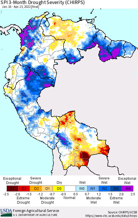 Northern South America SPI 3-Month Drought Severity (CHIRPS) Thematic Map For 1/16/2022 - 4/15/2022