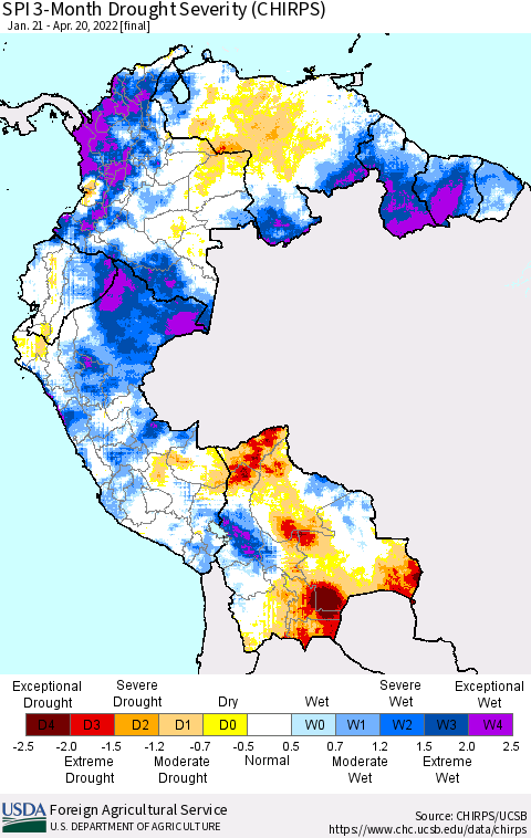 Northern South America SPI 3-Month Drought Severity (CHIRPS) Thematic Map For 1/21/2022 - 4/20/2022