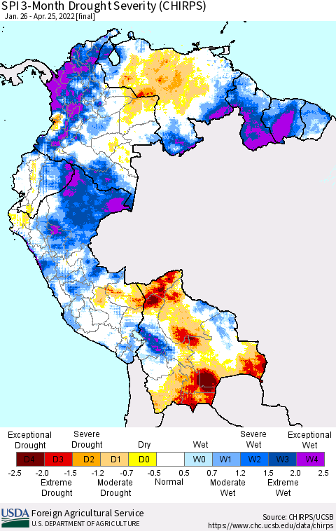 Northern South America SPI 3-Month Drought Severity (CHIRPS) Thematic Map For 1/26/2022 - 4/25/2022