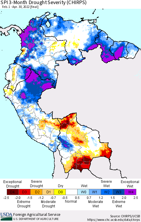 Northern South America SPI 3-Month Drought Severity (CHIRPS) Thematic Map For 2/1/2022 - 4/30/2022