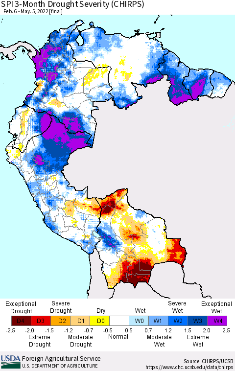 Northern South America SPI 3-Month Drought Severity (CHIRPS) Thematic Map For 2/6/2022 - 5/5/2022