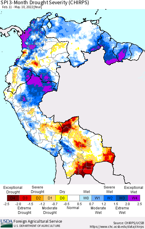 Northern South America SPI 3-Month Drought Severity (CHIRPS) Thematic Map For 2/11/2022 - 5/10/2022