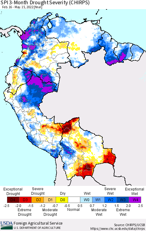 Northern South America SPI 3-Month Drought Severity (CHIRPS) Thematic Map For 2/16/2022 - 5/15/2022