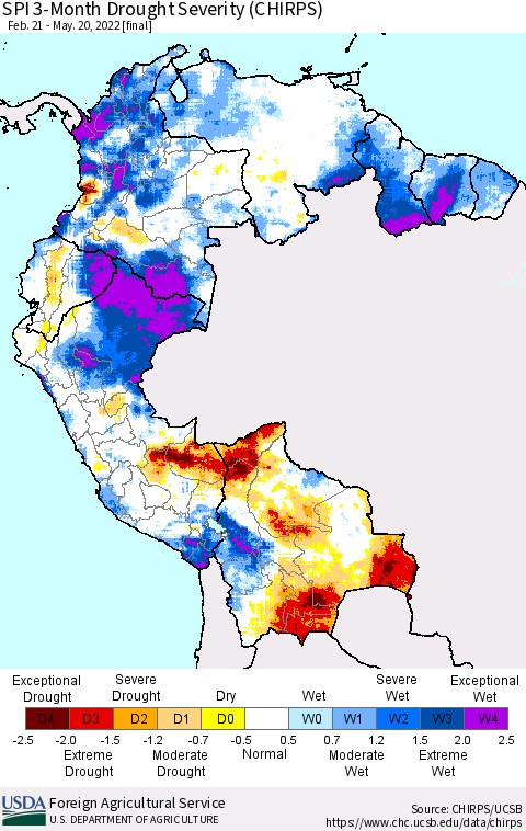 Northern South America SPI 3-Month Drought Severity (CHIRPS) Thematic Map For 2/21/2022 - 5/20/2022