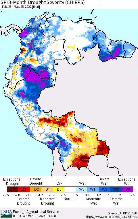 Northern South America SPI 3-Month Drought Severity (CHIRPS) Thematic Map For 2/26/2022 - 5/25/2022